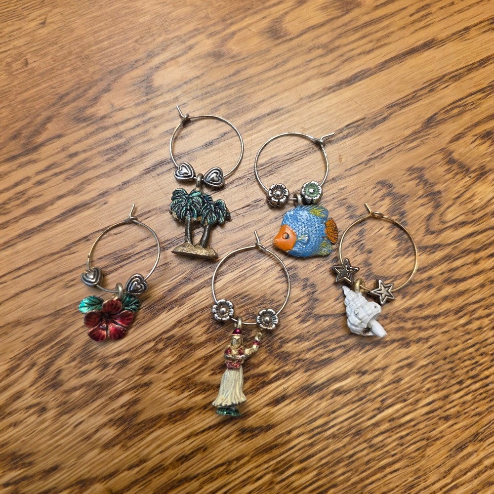 Hawaii Tropical Wine Glass Charms Set 5 Palm Tree Hula Girl Fish Hibiscus Shell